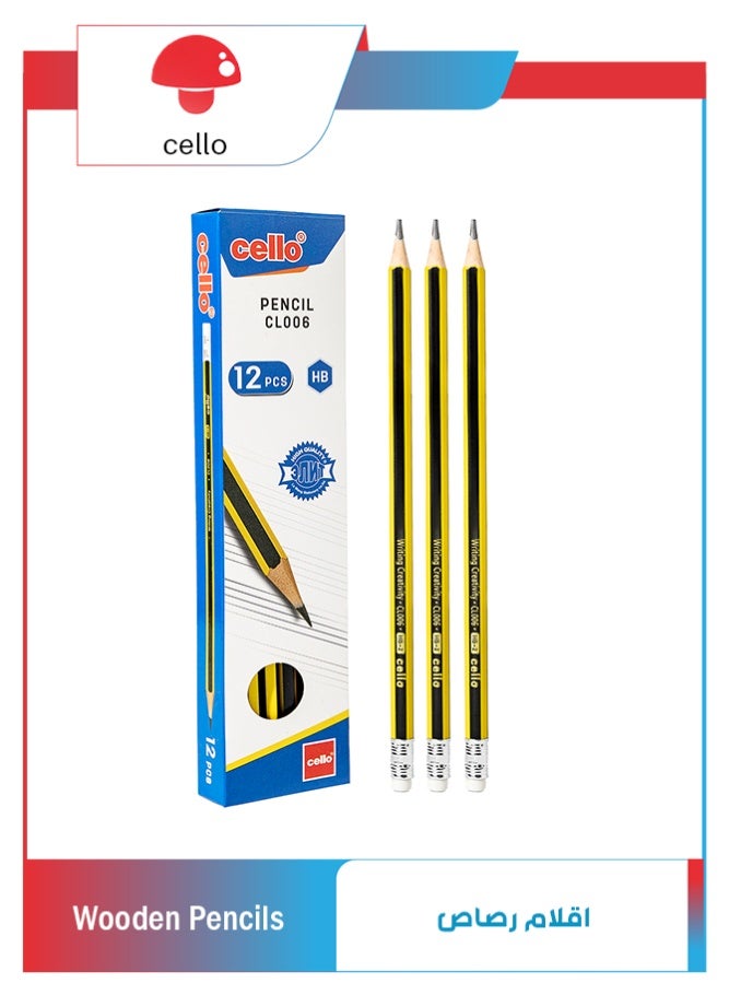 Cello 12 Pcs Wooden HB Pencils, Black Pencil Non Slip Pre-Sharpened Pencil with Eraser Student Writing Drawing Tool for Exams, School, Office, Home Drawing Sketching - Image 1