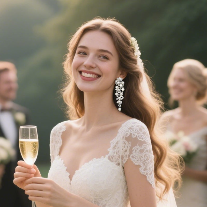 BriLove Wedding Bridal Simulated Pearl Earrings for Women Crystal Chandelier Multi Beaded Cluster Dangle Jewelry Ivory Color Silver-Tone - Image 2