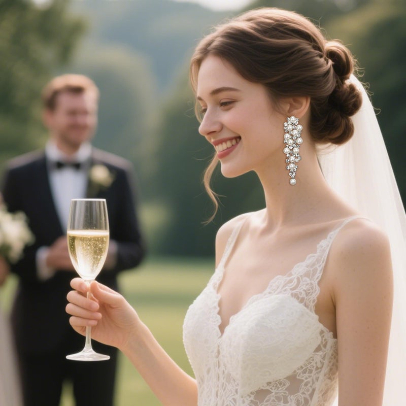 BriLove Wedding Bridal Simulated Pearl Earrings for Women Crystal Chandelier Multi Beaded Cluster Dangle Jewelry Ivory Color Silver-Tone - Image 3