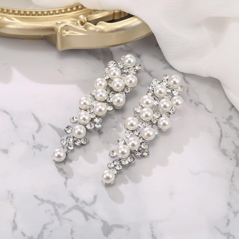 BriLove Wedding Bridal Simulated Pearl Earrings for Women Crystal Chandelier Multi Beaded Cluster Dangle Jewelry Ivory Color Silver-Tone - Image 5