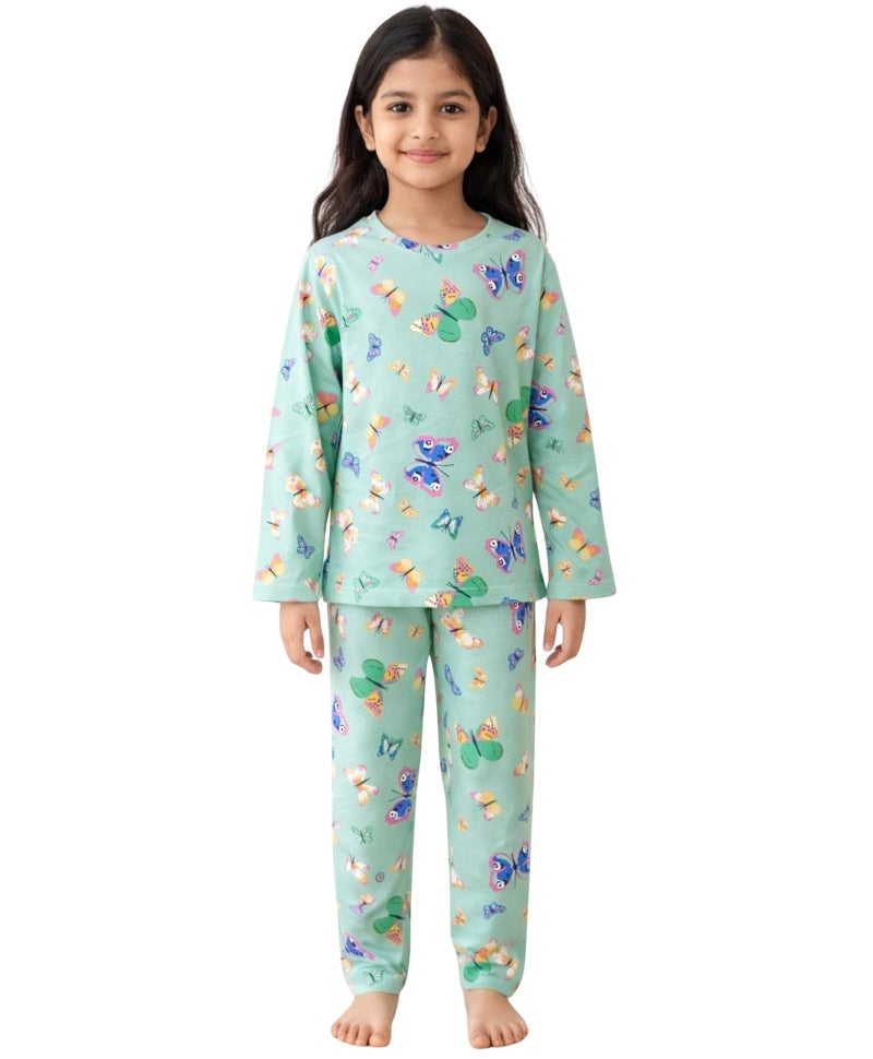 ANTHRILO Pajama T-Shirt Set for Girls | Kids Night Suit for Girls | Nightwear | 100% Cotton Pyjama Set Butterfly Green Print | Long Sleeve T-Shirt and Pajama | 5-6 Years - Image 1