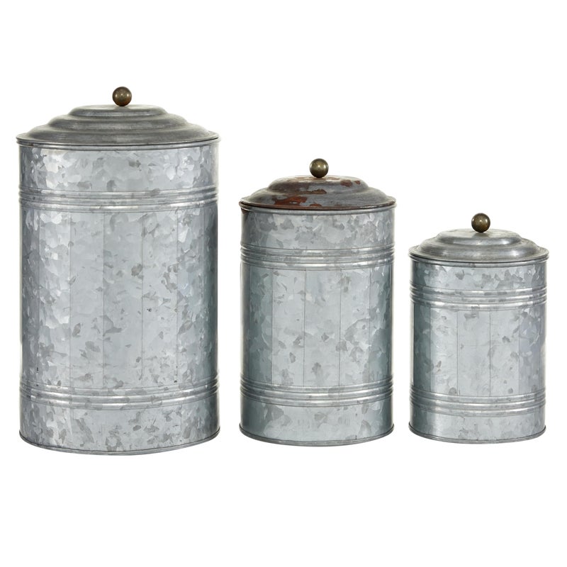 Deco 79 Metal Living Room Decorative Jars Galvanized Ribbed Decorative Container with Gold Ball Knobs Set of 3 Jar with Lid 12 9 8H Gray