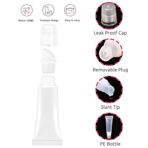 SpiderJuice 5Pc 10ml Clear Mini Refillable Empty Squeeze Lip Gloss Lip Balm Lip Oil Tubes Storage Container Holder Jar Bottles with Screw Cap for Household Translucent Frosted & Travel Toiletries - Image 3
