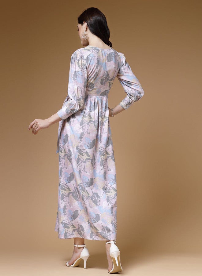 Indibelle Women Pink Abstract Printed Fit & Flare Maxi Dress - Image 4