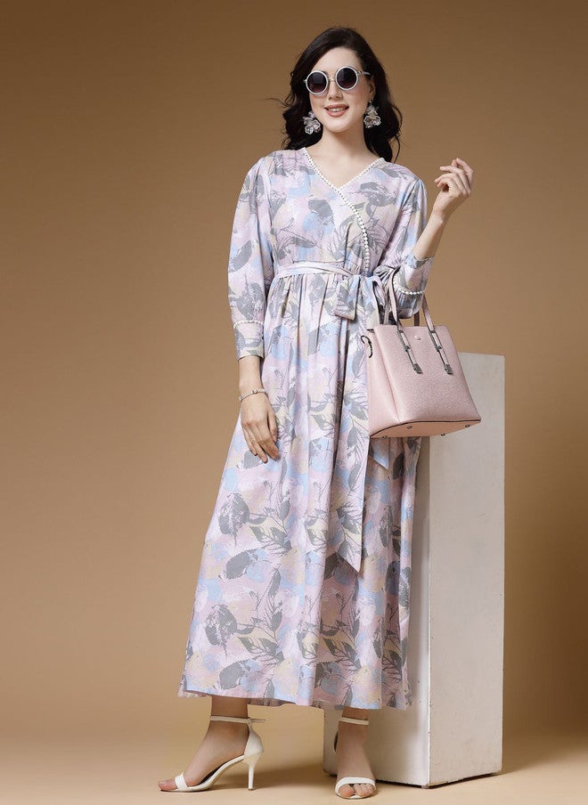 Indibelle Women Pink Abstract Printed Fit & Flare Maxi Dress - Image 1
