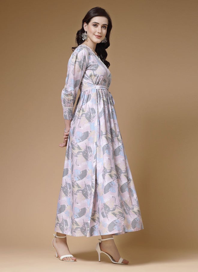 Indibelle Women Pink Abstract Printed Fit & Flare Maxi Dress - Image 3