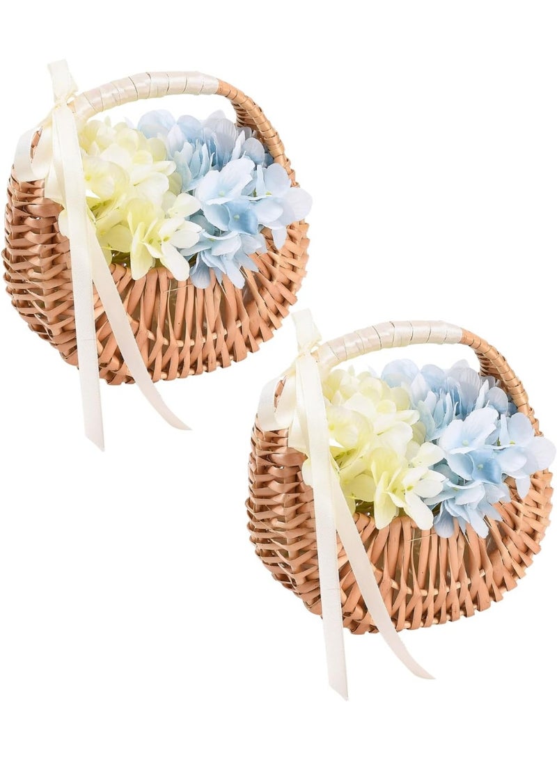 Bukela Flower Basket, Handheld Flower Arrangement Basket, Portable Woven Flower Pot Storage Box, Rattan Basket Half Moon Wicker Basket Willow Straw Basket for Home Party (2pcs-with Bow) - Image 1
