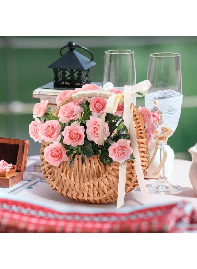 Bukela Flower Basket, Handheld Flower Arrangement Basket, Portable Woven Flower Pot Storage Box, Rattan Basket Half Moon Wicker Basket Willow Straw Basket for Home Party (2pcs-with Bow) - Image 4