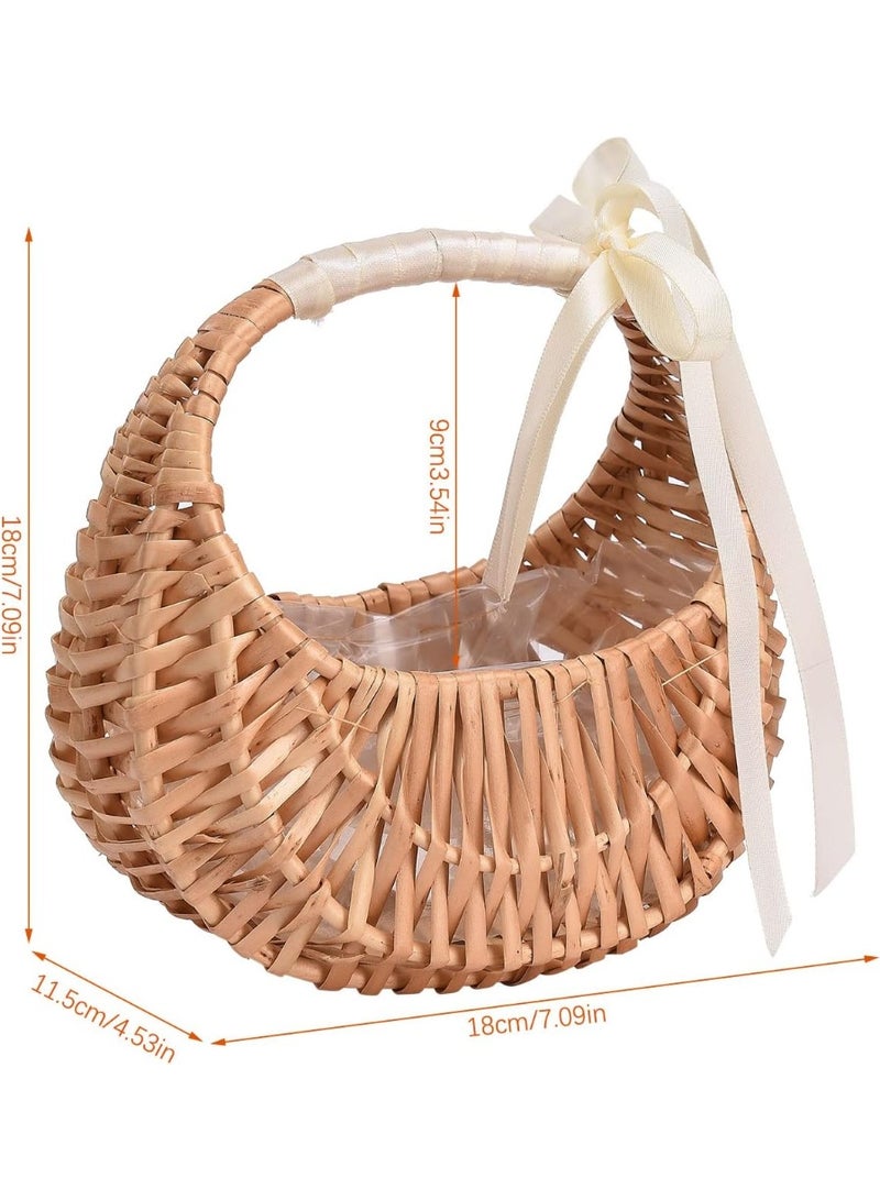 Bukela Flower Basket, Handheld Flower Arrangement Basket, Portable Woven Flower Pot Storage Box, Rattan Basket Half Moon Wicker Basket Willow Straw Basket for Home Party (2pcs-with Bow) - Image 3