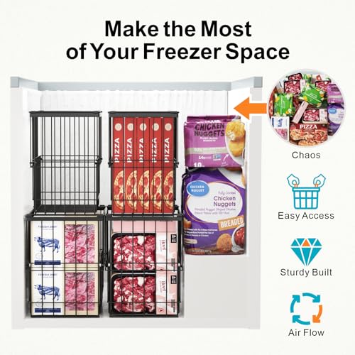 iSPECLE Freezer Organizer Bins, 2 Pack Fits 12" Pizza Adjustable for 5 to 7 Cu.Ft Chest Freezer, Stackable Wire Baskets with Handles, Heavy Duty Storage for Bulk Meat & Frozen Food, Black - Image 4