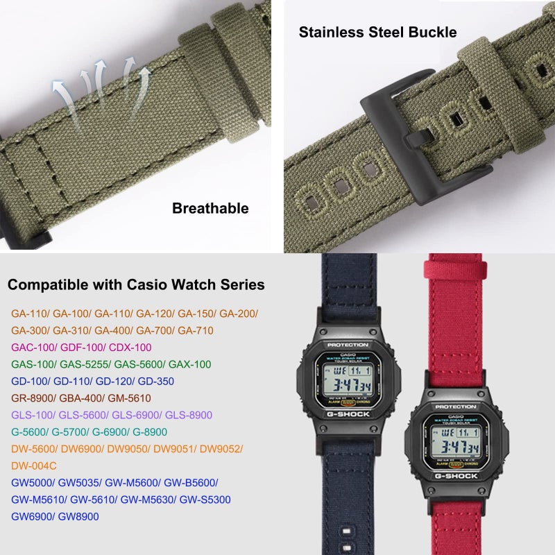 Lijinlan Nylon Strap Compatible with Casio G-shock Watch GW100/GA100/GA120/GA400/GD100/GD110/GD350/ DW-D5500 /DW5600E/ DW6900/DW-9052/GWM5610, Replacement Canvas Band for Gshock (Green, Black) - Image 5