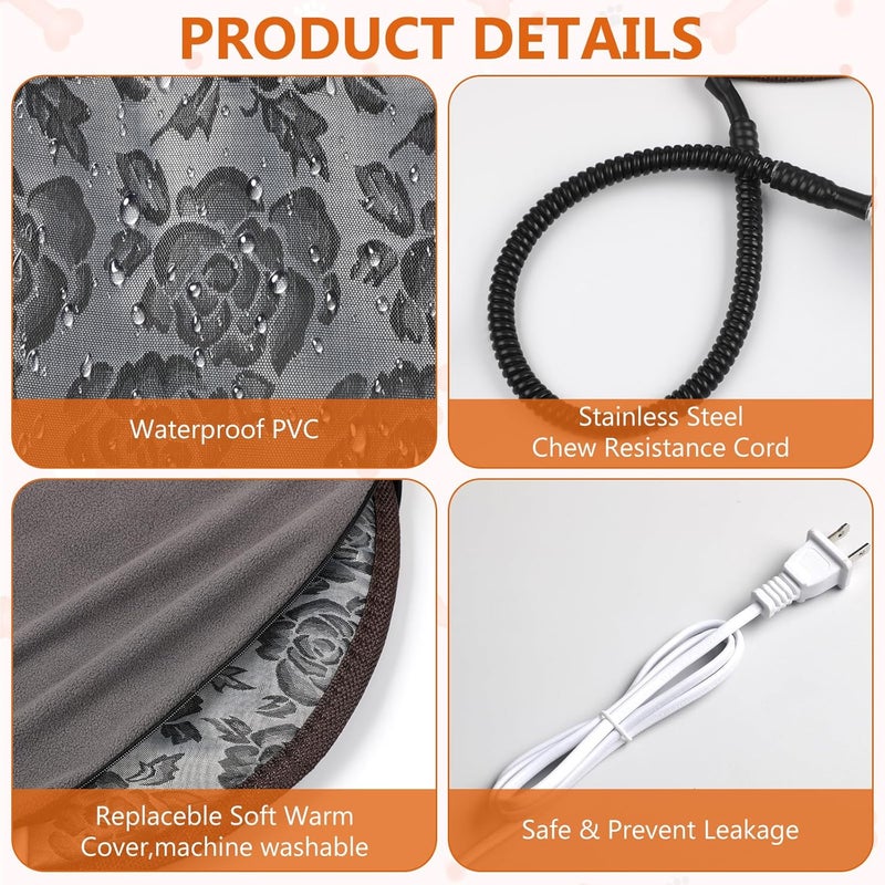 Riakrum وسادة تدفئة للقطط 16 بوصة 2 قطعة وسادة تدفئة دائرية مقاومة للماء وسادة تدفئة كهربائية للحيوانات الأليفة وسادة تدفئة قابلة للتعديل مع غطاء قابل للغسل سلك فولاذي مضاد للعض للقطط والجراء - Image 4