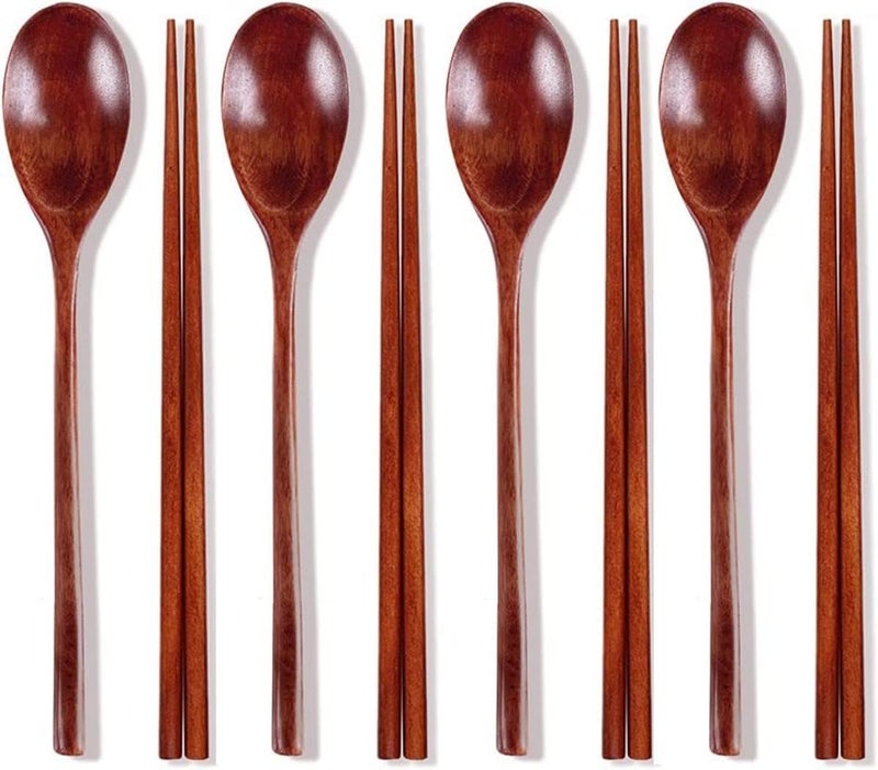 Ecloud Shop Wooden Chopsticks Spoon Set Korean Dinnerware Reusable Long Handle Spoons Chopsticks for Home Kitchen Restaurant 4 Sets