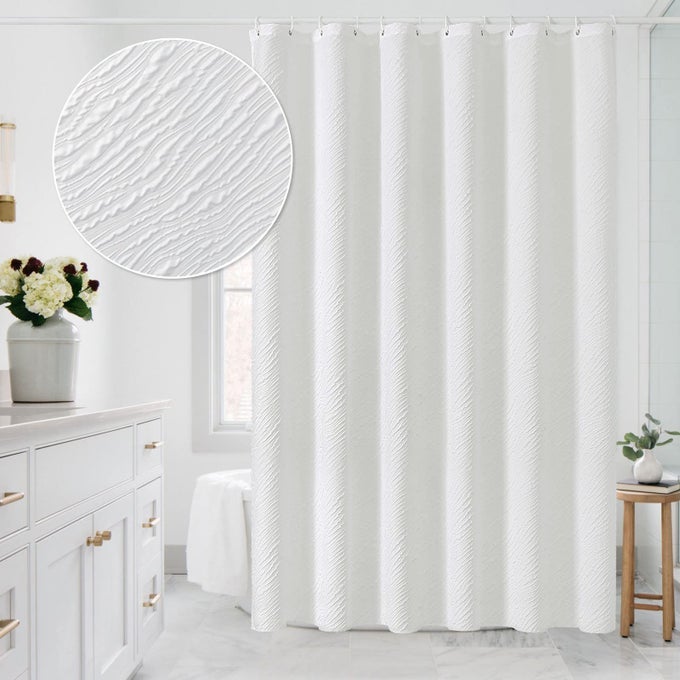 WHITE MODERN FABRIC SHOWER CURTAIN FARMHOUSE WAVES CLOTH SHOWER CURTAINS FOR NEUTRAL HOTEL BATHROOM DECOR 3D GEOMETRIC EMBOSSED TEXTURED WATERPROOF WRINKLE RESISTANT 72 X 72