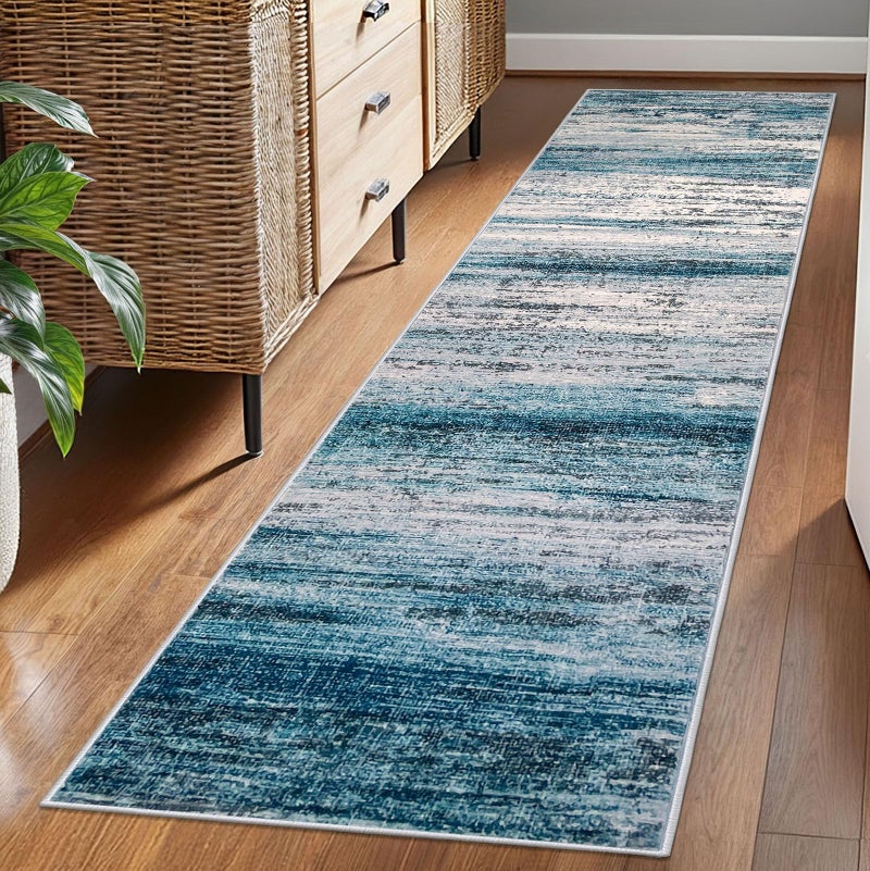 KOZYFLY Modern Abstract Runner Rug, 2x7 Kitchen Rugs Non-Slip Washable Soft Striped Runners for Hallways, Print Blue Carpet Runner for Entryway Bathroom Laundry Room Foyer - Image 1
