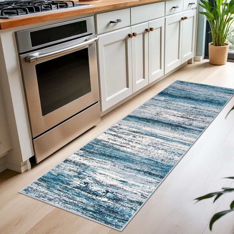 KOZYFLY Modern Abstract Runner Rug, 2x7 Kitchen Rugs Non-Slip Washable Soft Striped Runners for Hallways, Print Blue Carpet Runner for Entryway Bathroom Laundry Room Foyer - Image 2