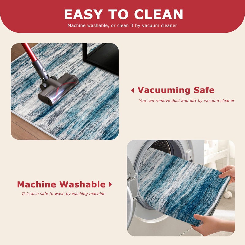 KOZYFLY Modern Abstract Runner Rug, 2x7 Kitchen Rugs Non-Slip Washable Soft Striped Runners for Hallways, Print Blue Carpet Runner for Entryway Bathroom Laundry Room Foyer - Image 5