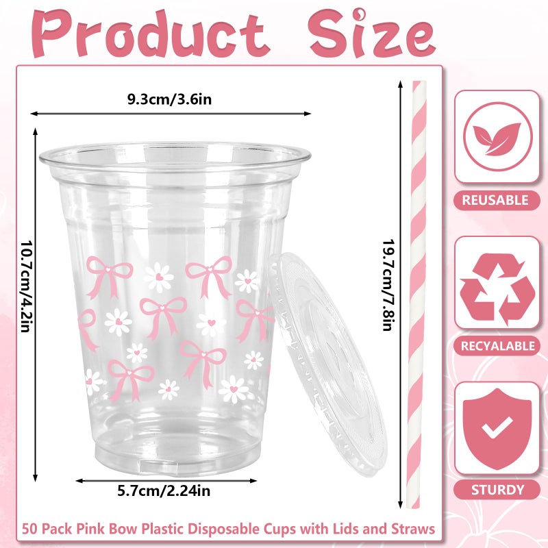 JarThenaAMCS 50 Pcs Pink Bow Plastic Cups with Lids and Straws Pink Bow Daisy Clear Plastic Cups 12 oz Disposable Cups for Valentine's Day Birthday Wedding Party Supplies - Image 2