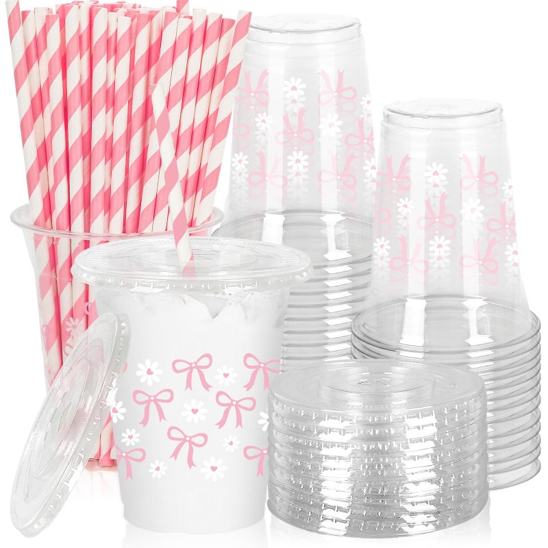 JarThenaAMCS 50 Pcs Pink Bow Plastic Cups with Lids and Straws Pink Bow Daisy Clear Plastic Cups 12 oz Disposable Cups for Valentine's Day Birthday Wedding Party Supplies - Image 1