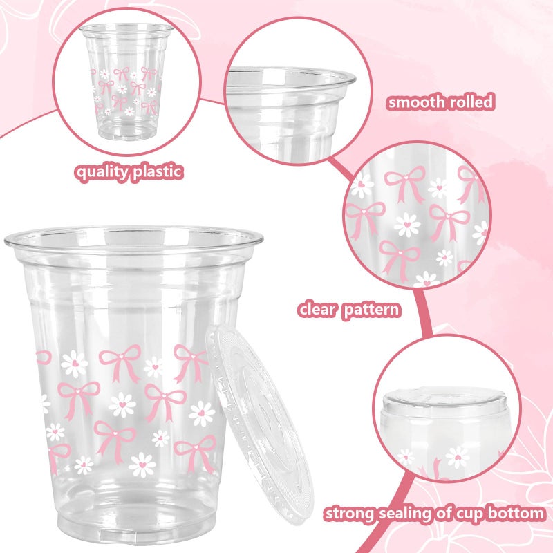 JarThenaAMCS 50 Pcs Pink Bow Plastic Cups with Lids and Straws Pink Bow Daisy Clear Plastic Cups 12 oz Disposable Cups for Valentine's Day Birthday Wedding Party Supplies - Image 3