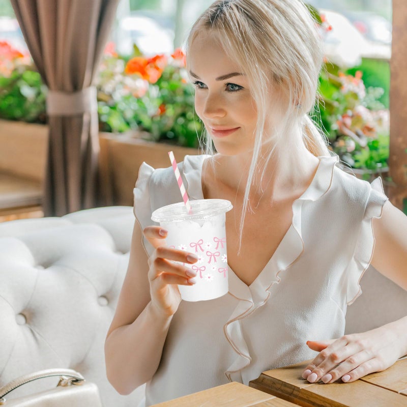 JarThenaAMCS 50 Pcs Pink Bow Plastic Cups with Lids and Straws Pink Bow Daisy Clear Plastic Cups 12 oz Disposable Cups for Valentine's Day Birthday Wedding Party Supplies - Image 5