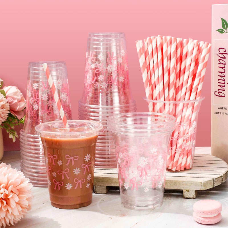 JarThenaAMCS 50 Pcs Pink Bow Plastic Cups with Lids and Straws Pink Bow Daisy Clear Plastic Cups 12 oz Disposable Cups for Valentine's Day Birthday Wedding Party Supplies - Image 4