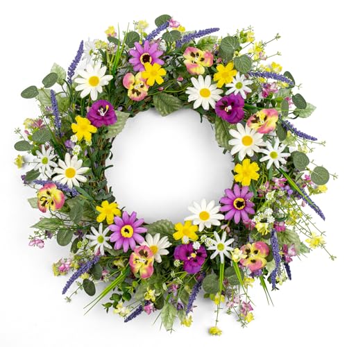 MG MagicGarden Artificial Spring Wreath 22 Inch Spring Wreaths for Front Door Springtime Flower Wreath with Colorful Daisy Pink Phalaenopsis for Springtime Holidays Wall Porch Farmhouse - Image 1