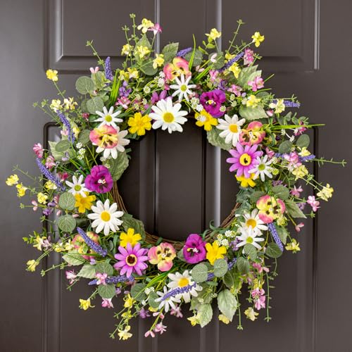 MG MagicGarden Artificial Spring Wreath 22 Inch Spring Wreaths for Front Door Springtime Flower Wreath with Colorful Daisy Pink Phalaenopsis for Springtime Holidays Wall Porch Farmhouse - Image 3