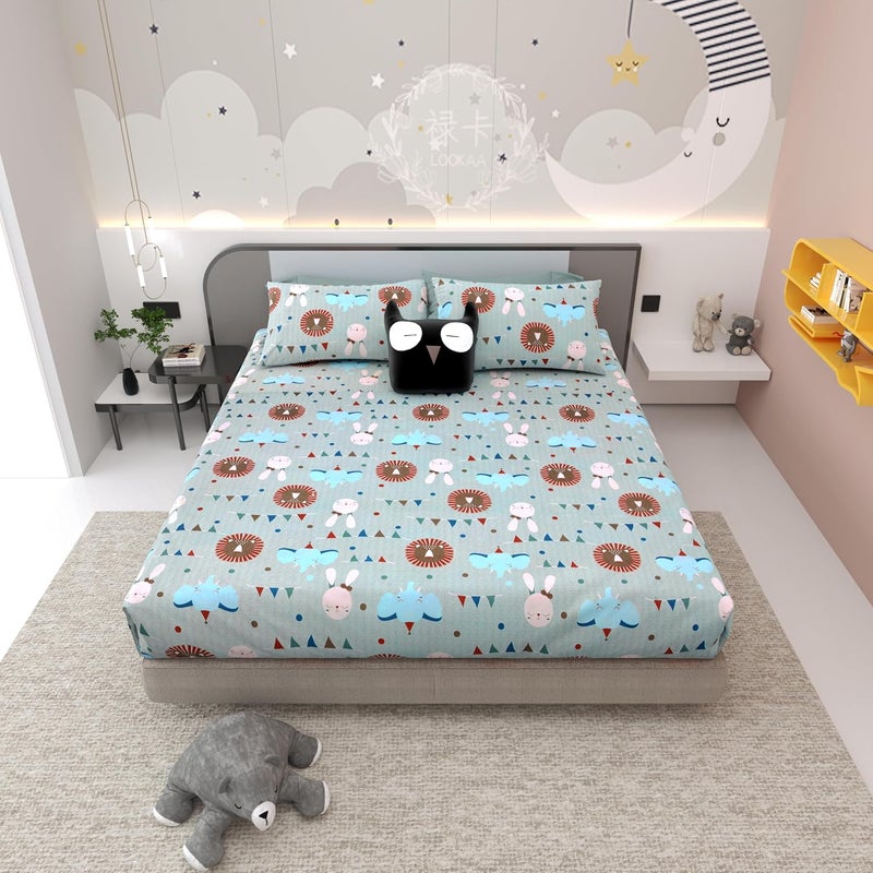 160TC 100 Cotton Double Bed Size Cartoon Printed Kids Bedsheet Bedding Set of Double Bed 108X100 Size Flat Bed Cover with 2 Pillow Covers with Cartoon Flower Printed  - Image 1