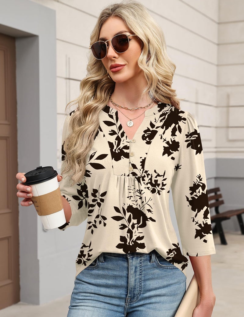 IECCP Womens Summer Tops Dressy Casual Puff 3/4 Sleeve Blouse Ladies V-Neck Henley Shirts Business Work Blouses Womens Tunics (Apricot Black Floral,S) - Image 4