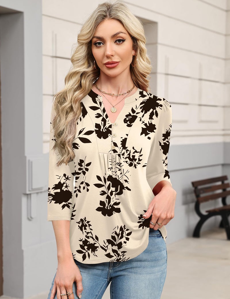 IECCP Womens Summer Tops Dressy Casual Puff 3/4 Sleeve Blouse Ladies V-Neck Henley Shirts Business Work Blouses Womens Tunics (Apricot Black Floral,S) - Image 3