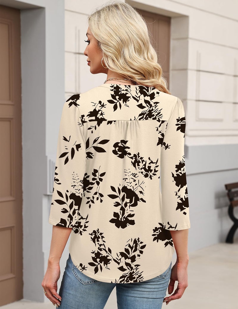 IECCP Womens Summer Tops Dressy Casual Puff 3/4 Sleeve Blouse Ladies V-Neck Henley Shirts Business Work Blouses Womens Tunics (Apricot Black Floral,S) - Image 5