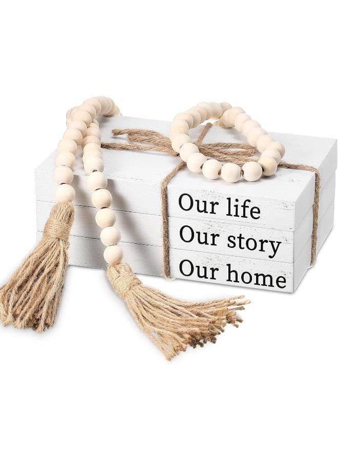 Jetec Jetec Decorative Display Books Hardcover, Faux Farmhouse Stacked for Coffee Tables Shelves with Wood Bead Tassels 58 Inch, 3 Pieces, White (Our Life, Our Story, Our Home)  - Image 1