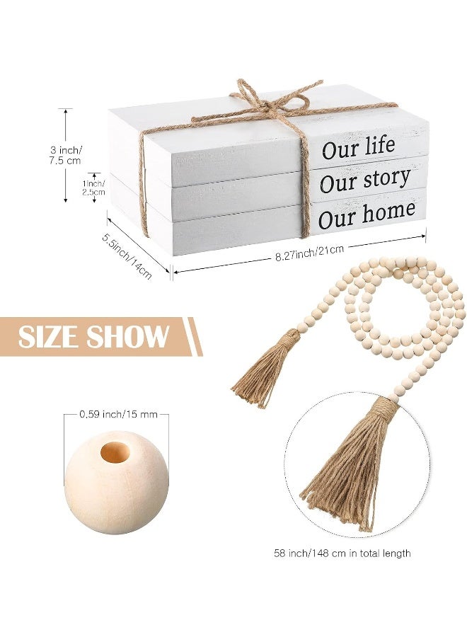Jetec Jetec Decorative Display Books Hardcover, Faux Farmhouse Stacked for Coffee Tables Shelves with Wood Bead Tassels 58 Inch, 3 Pieces, White (Our Life, Our Story, Our Home)  - Image 4