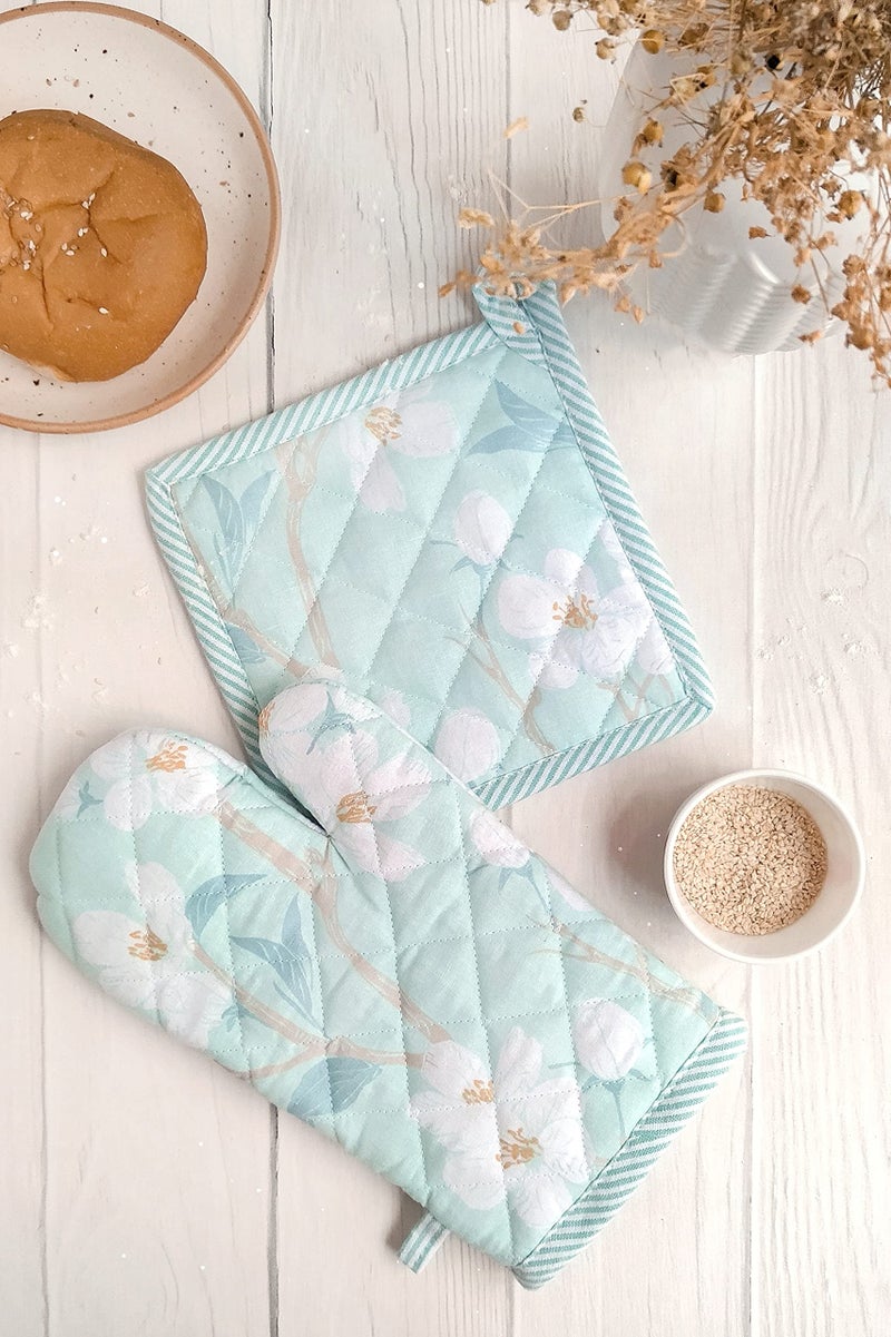 PIXEL HOME DECOR Printed Oven MITT and Pot Holder - Cherry Blossom Collection (Teal) - Image 1