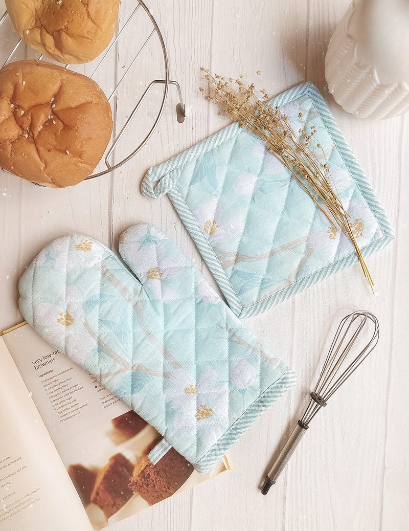 PIXEL HOME DECOR Printed Oven MITT and Pot Holder - Cherry Blossom Collection (Teal) - Image 3