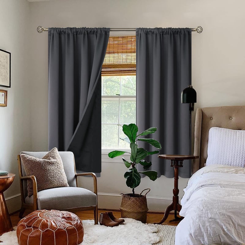 BGment Thermal Insulated 100% Blackout Curtains for Bedroom with Black Liner, Double Layer Full Room Darkening Noise Reducing Rod Pocket Curtain (42 x 63 Inch, Dark Grey, 2 Panels) - Image 2
