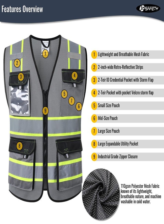 JKSafety سترات أمان عاكسة عالية الوضوح من JKSafety للرجال والنساء، سترة عالية الوضوح مزودة بجيوب، مصنوعة من نسيج شبكي، ملابس أمان، سترة نيون للعمل (220-رمادي، مقاس L) - Image 4