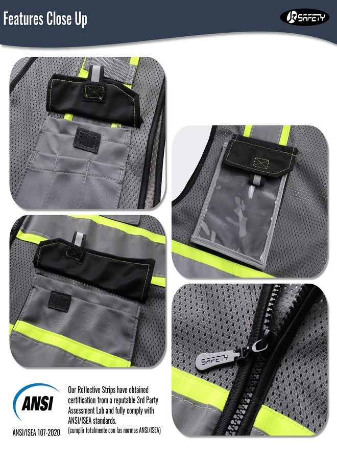JKSafety سترات أمان عاكسة عالية الوضوح من JKSafety للرجال والنساء، سترة عالية الوضوح مزودة بجيوب، مصنوعة من نسيج شبكي، ملابس أمان، سترة نيون للعمل (220-رمادي، مقاس L) - Image 3