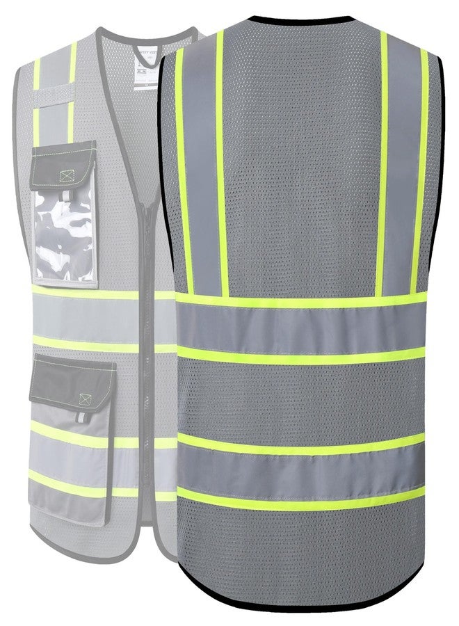 JKSafety سترات أمان عاكسة عالية الوضوح من JKSafety للرجال والنساء، سترة عالية الوضوح مزودة بجيوب، مصنوعة من نسيج شبكي، ملابس أمان، سترة نيون للعمل (220-رمادي، مقاس L) - Image 5