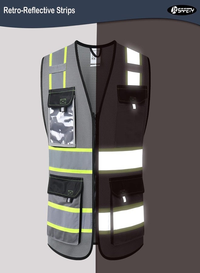 JKSafety سترات أمان عاكسة عالية الوضوح من JKSafety للرجال والنساء، سترة عالية الوضوح مزودة بجيوب، مصنوعة من نسيج شبكي، ملابس أمان، سترة نيون للعمل (220-رمادي، مقاس L) - Image 2