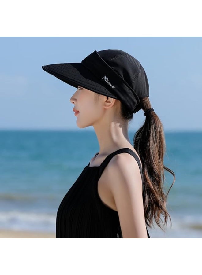 JCD Women's Summer Sun Hat, Detachable Visor, Wide Brim UV Protection, Black - Image 1