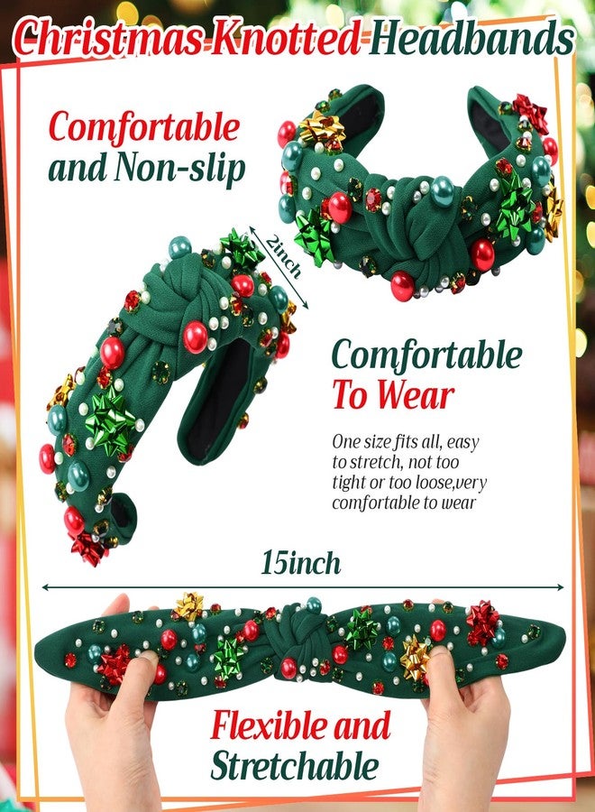 Maysing 6 Pcs Christmas Headband for Women Set 2 Pearl Rhinestone Knotted Crystal Headband 4 Xmas Hair Scrunchies, Wide Top Knot Red Green Jeweled Fashion Christmas Holiday Hair Accessory Outfits Gift - Image 2