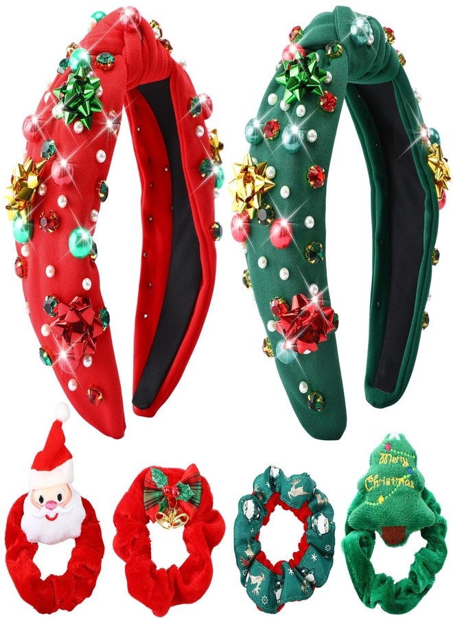 Maysing 6 Pcs Christmas Headband for Women Set 2 Pearl Rhinestone Knotted Crystal Headband 4 Xmas Hair Scrunchies, Wide Top Knot Red Green Jeweled Fashion Christmas Holiday Hair Accessory Outfits Gift - Image 1