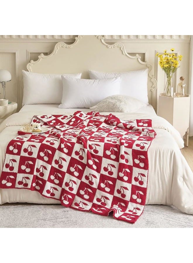 FELENIW Ultra Soft Cozy Fluffy Microfiber Checkered Knitted Throw Blanket Cherry Checkerboard Double Sided Lightweight Warm Bed Blanket for Valentine's Day Mother's Day Birthday Gifts 50x60 Inch Red (Red) - Image 2