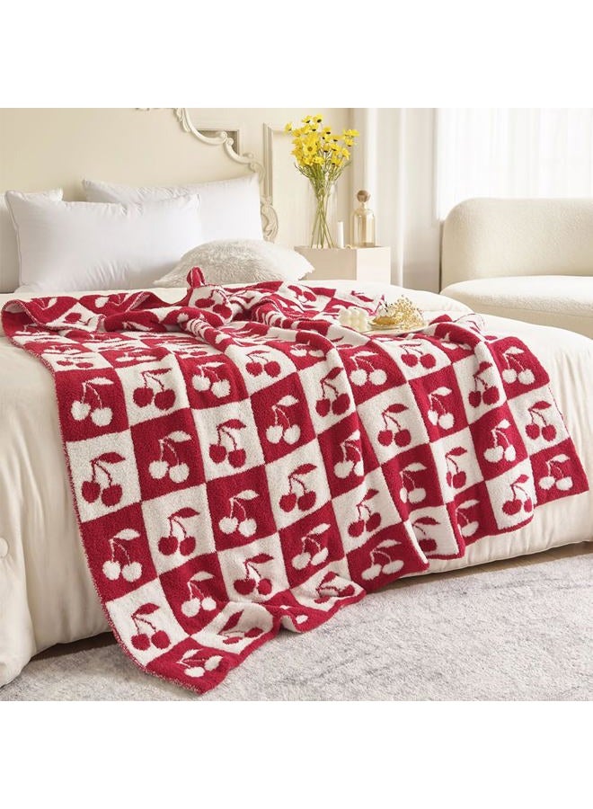 FELENIW Ultra Soft Cozy Fluffy Microfiber Checkered Knitted Throw Blanket Cherry Checkerboard Double Sided Lightweight Warm Bed Blanket for Valentine's Day Mother's Day Birthday Gifts 50x60 Inch Red (Red) - Image 1