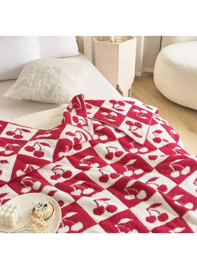 FELENIW Ultra Soft Cozy Fluffy Microfiber Checkered Knitted Throw Blanket Cherry Checkerboard Double Sided Lightweight Warm Bed Blanket for Valentine's Day Mother's Day Birthday Gifts 50x60 Inch Red (Red) - Image 3