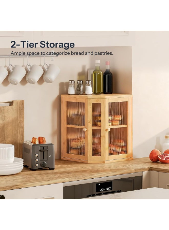 Arabest Bamboo Bread Box, Kitchen Countertop Corner Bread Box, Large Capacity 2-Tier Bread Container, Bread Storage Container with Dual Rippled Acrylic Doors, for Kitchen Food Storage, Natural YL12MB01 - Image 3