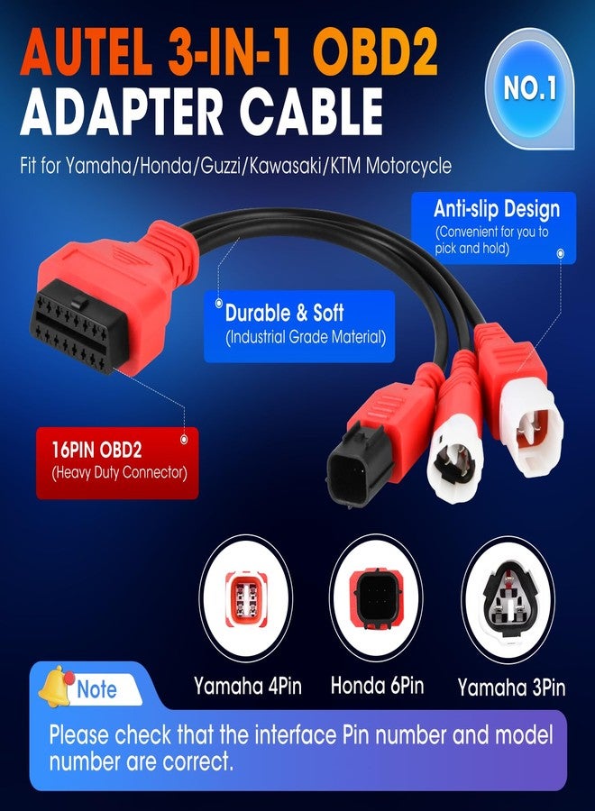 Autel Original 3-in-1 OBD2 Adapter Cable,16 Pin to 6/4/3 Pin OBD Diagnostic Cable, OBD2 to OBD1 6pin 4pin 3pin Plug Adapter for Motorcycle Honda/Guzzi/Kawasaki/Suzuki, Compatible with OBDII Scanners - Image 4