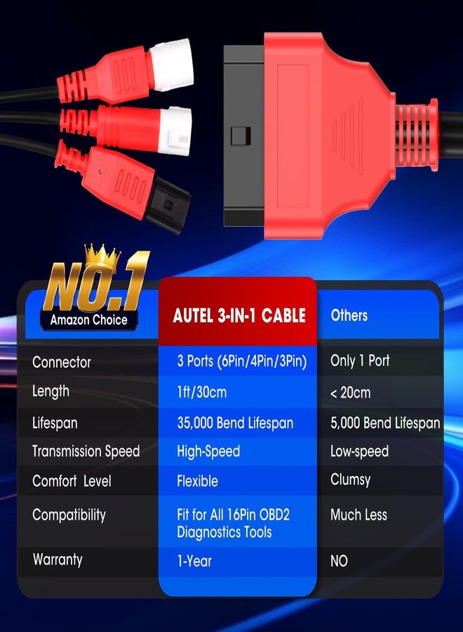Autel Original 3-in-1 OBD2 Adapter Cable,16 Pin to 6/4/3 Pin OBD Diagnostic Cable, OBD2 to OBD1 6pin 4pin 3pin Plug Adapter for Motorcycle Honda/Guzzi/Kawasaki/Suzuki, Compatible with OBDII Scanners - Image 3